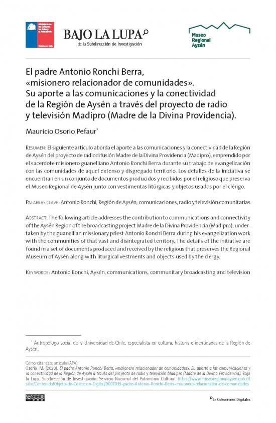 El padre Antonio Ronchi Berra, «misionero relacionador de comunidades». Su  aporte a las comunicaciones